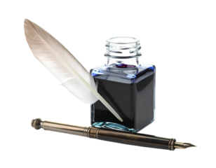 Feather quill pen and glass inkwell isolated on white background.jpg