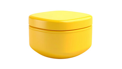 A 3D render of a smooth, rounded yellow container with a slightly elevated lid, on a stark black background