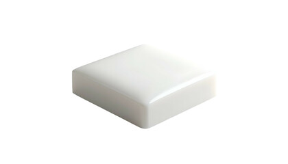 A 3D render of a glossy white, rectangular block on a black background. The shape has rounded corners and a slight bevel