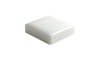 A 3D render of a glossy white, rectangular block on a black background. The shape has rounded corners and a slight bevel