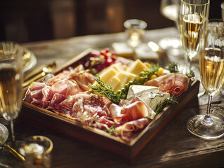 Food photography flat lay of Cheese Board and Cold Cuts.