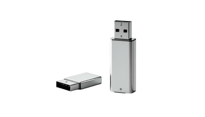 Two USB flash drives, one upright and the other laying down, both with a metallic, silver-like finish