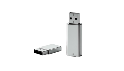 Two USB flash drives, one upright and the other laying down, both with a metallic, silver-like finish