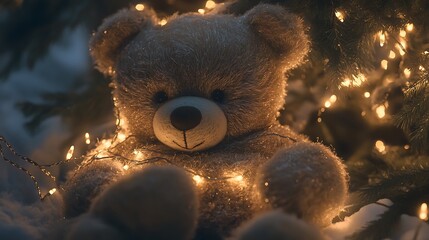 Teddy bear wrapped in fairy lights under a holiday tree