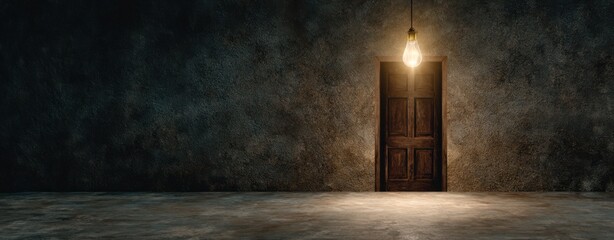 Human Trafficking Awareness day Dramatic light from a vintage bulb highlights a recessed wooden doorway in a dark textured room End Human Trafficking