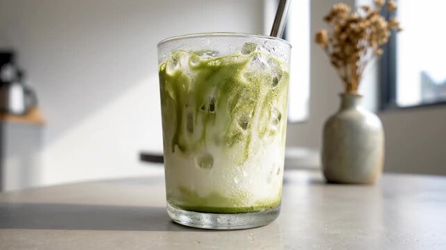Refreshing matcha latte in glass on tabletop with ice