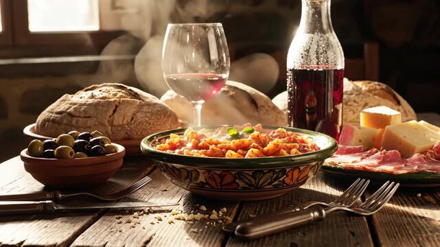Rustic food arrangement with wine bread and olives on a wooden table