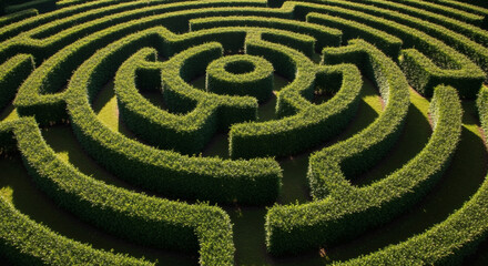 Aerial view of a well-manicured, verdant labyrinth garden with concentric circular pathways, creating a complex, challenging maze