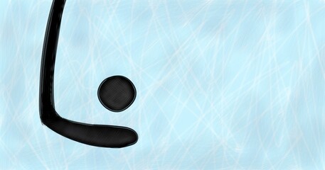 Hockey stick and black puck on an icy surface with ice skate marks. Sports equipment for winter game concept. Background for hockey event.