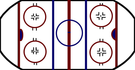Naklejka premium Ice hockey rink layout with face-off circles and goal lines. Diagram of a hockey field for sport education and game strategy.