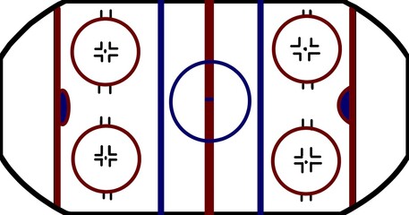 Ice hockey rink layout with face-off circles and goal lines. Diagram of a hockey field for sport education and game strategy.