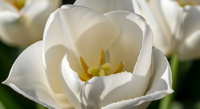 Macro shot of a beautiful white tulip flower blooming in the spring garden.