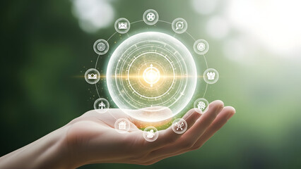 Glowing orb of light in the palm of a hand with mystical symbols around it