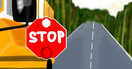 Red stop sign displayed on side of school bus to notify traffic for children safety. Road traffic regulation signage graphic for school transport.