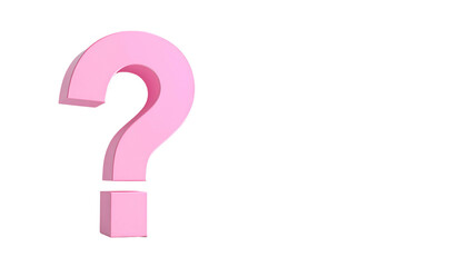 A 3D pink question mark stands against a black background, suggesting query or puzzle. The mark is solid