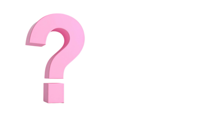 A 3D pink question mark stands against a black background, suggesting query or puzzle. The mark is solid