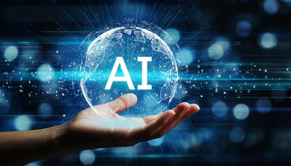 Human hand presenting a glowing digital globe displaying artificial intelligence concept on dark background