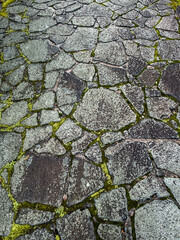 Obraz premium Textured stone pavement with moss in a traditional Japanese atmosphere