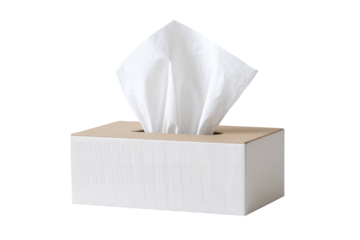 Square box with white tissues sticking up from the opening