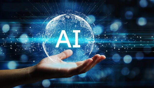 Human hand presenting a glowing digital globe displaying artificial intelligence concept on dark background - Powered by Adobe