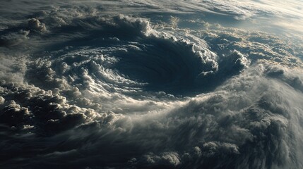 High-resolution satellite image of a massive hurricane eye forming over the ocean, detailed swirling cloud structure, dramatic storm patterns, vivid atmospheric textures