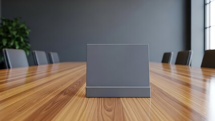Empty gray sign on a polished wooden conference table with chairs in background