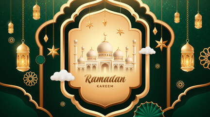 Elegant Ramadan Kareem Background with Mosque, Arch Frame and Gold Islamic Ornaments – Luxury Style © FikStock
