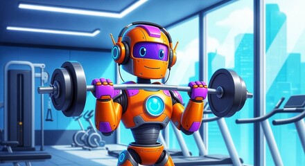 Cheerful orange and purple robot wearing headphones exercising with a heavy barbell in a modern gym