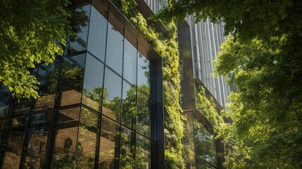 Modern sustainable building with large glass panels reflecting surrounding greenery, eco-friendly architectural design, bright natural sunlight, clean lines, contemporary structure