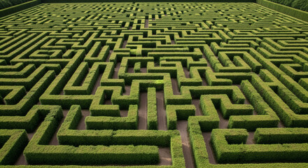 Aerial view of a large maze built with neatly trimmed green hedges, offering a complex network of pathways and dead ends