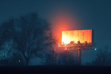 Glowing billboard in foggy night orange light with tree silhouette scene
