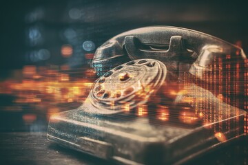 Vintage telephone overlaid with digital data code - fusion scene of old and new communication tech elements
