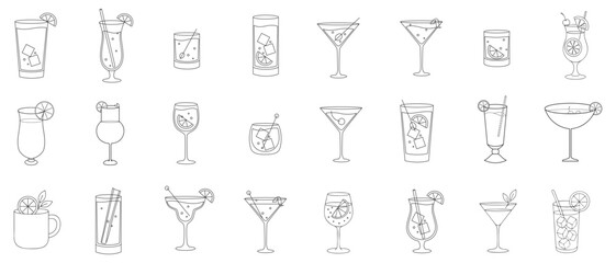 Alcoholic cocktail icon set. Simple minimalist outline cocktail icons on white background. Set includes mojito, whiskey and mixed drinks. Icons set for restaurant, bar and pub. Vector illustration © Mehedi