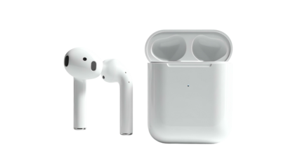 A modern wireless audio device and its charging case are isolated against a plain black background. It appears ready to be used