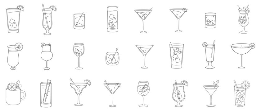 Alcoholic cocktail icon set. Simple minimalist outline cocktail icons on white background. Set includes mojito, whiskey and mixed drinks. Icons set for restaurant, bar and pub. Vector illustration