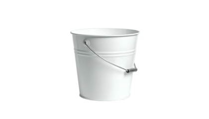 A pristine white pail, with a metal handle, positioned against a dark background, illustrating a common household object