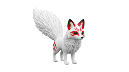 Stylized White Fox Spirit with Red Markings and Large Tail