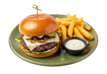 Gourmet Cheeseburger with Crispy Fries and Creamy Dip on a Plate