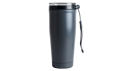 A tall, cylindrical, dark-gray insulated travel mug with a black lid and a small strap. It stands upright against a black background