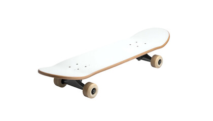 A simple illustration of a skateboard. It features a white deck with a wooden frame and four wheels, sitting against a black background