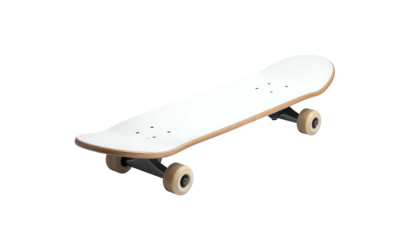 A simple illustration of a skateboard. It features a white deck with a wooden frame and four wheels, sitting against a black background