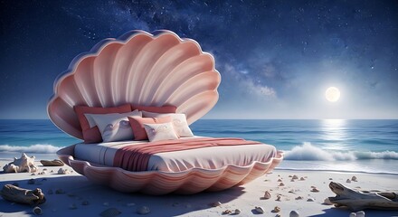Luxurious sleeping arrangement shaped like an enormous seashell rests on a sandy shore under a starlit night sky