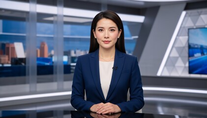 Professional Asian female news anchor sitting at a desk in a modern TV studio. Television journalist reporting live on air