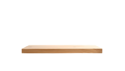 A simple, isolated wooden shelf, brightly lit against a stark black background. It appears ready to hold or display items
