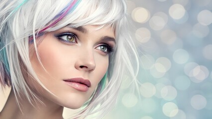 Fototapeta premium Close up of a woman with purple and green hairs with bokeh background.
