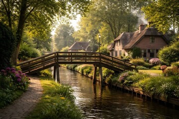 Fototapeta premium Charming dutch cottage with a wooden bridge over a canal