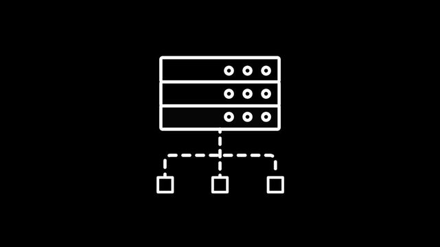 Server rack with connected devices icon in white outline on black background Keywords: server, rack, computer, network, data, storage, technology, connection, system, database, hardware