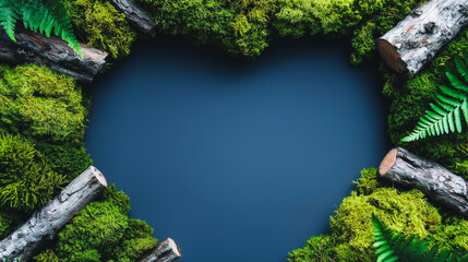 Nature Heart Frame of Green Moss, Logs, and Ferns on Dark Blue Background