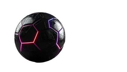 A sleek, futuristic-looking soccer ball with a dark, textured surface, illuminated by neon lines in the seams
