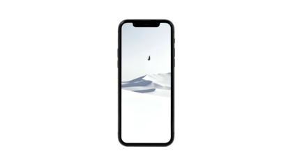 A smartphone displaying a minimalist winter scene with snow dunes and a lone avian silhouette against a pale sky